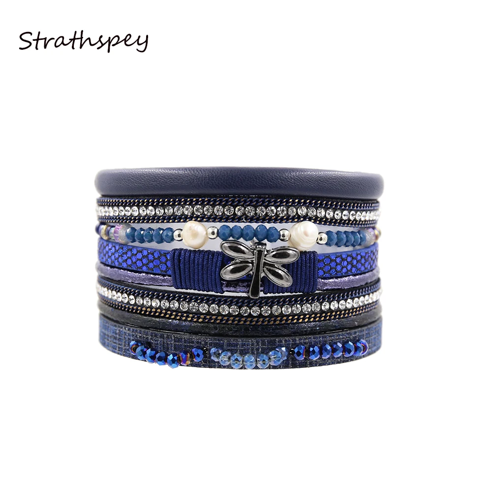 STRATHSPEY New Rhinestone Wide Magnetic Leather bracelets&bangles Multilayer Buterfly Bracelets Handmade Beads Jewelry For Women