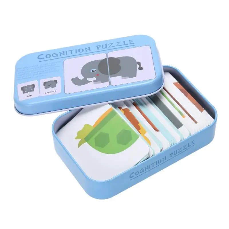 Rompecabezas cognitivo para niños y bebés, juego de tarjetas cognitivas, juguetes para niños pequeños, caja de hierro, vehículos, frutas, vida Animal, juegos de rompecabezas, par