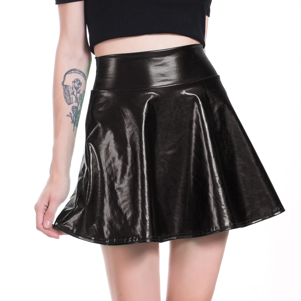 

YRRETY Summer Sexy Laser High Waist Mini PU Leather Skirt Club Party Dance Shiny Holographic Harajuku Metallic Pleated Bottom