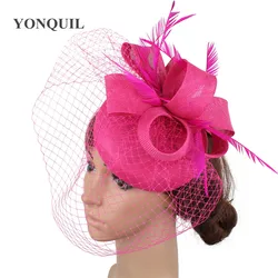 Hot Pink Mesh Headpiece Hair Clip For Ladie Wedding Headwear Cocktail Fascinator Hat For Women Elegant Hair Accessories Flower