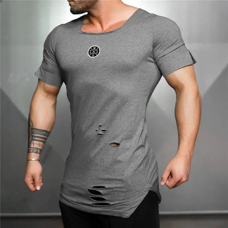 New Fashion Summer Ripped Hole T Shirt Men Cotton Breathable Clothing Mens Tight Short Sleeve Fitness t-shirt slim fit Gyms Tees