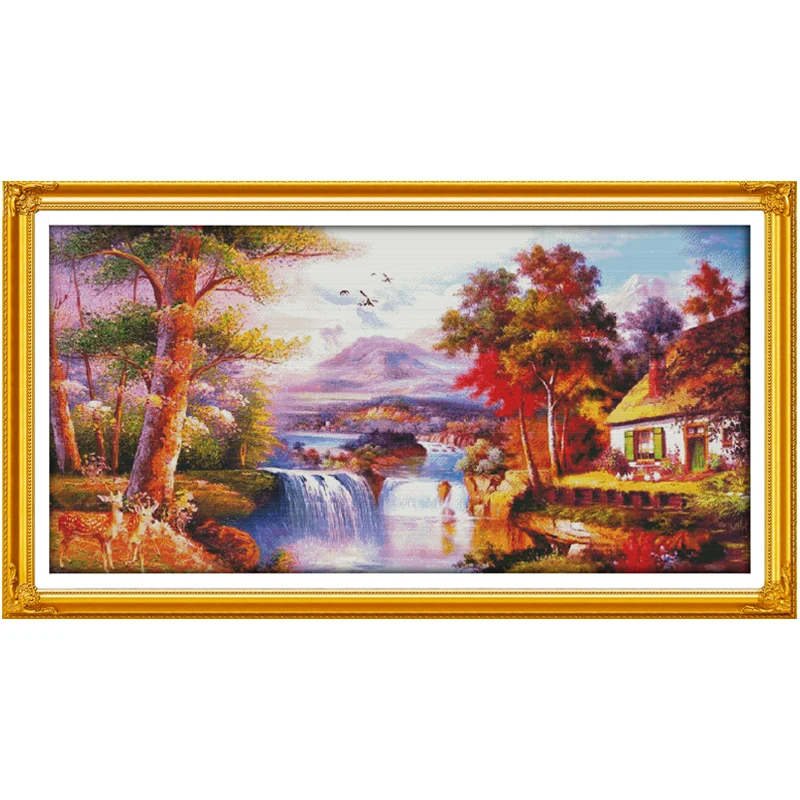 Golden Scenery (4) Patterns Counted Cross Stitch Set DIY 11CT 14CT 16CT Stamped DMC Cross-stitch Kit Embroidery Needlework