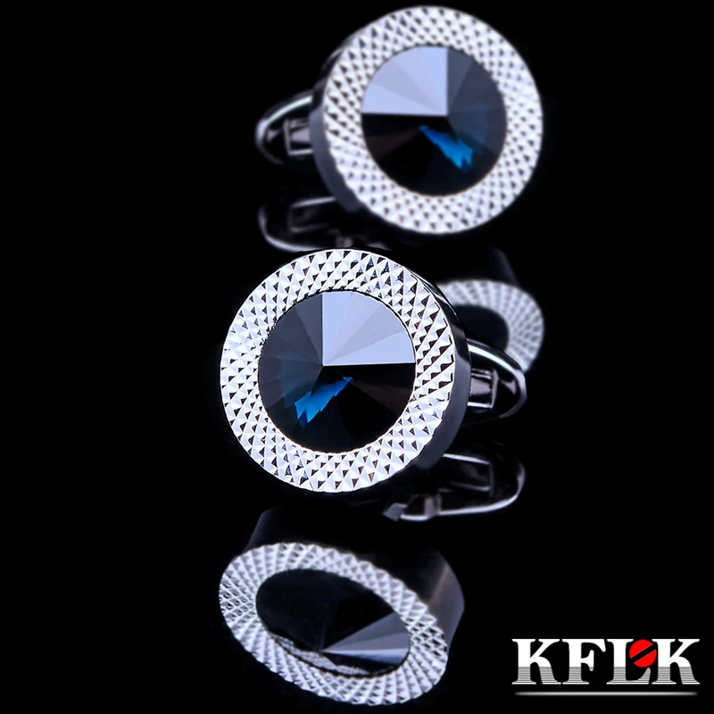 

KFLK Jewelry Round French shirt cufflink for mens Brand Blue Crystal Cuff link Luxury Wedding Button High Quality guests