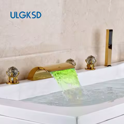 ULGKSD Golden Deck Mounted Bathtub Mixer Taps Waterfall Tub Sink Faucet Widespread 5pc with LED Light