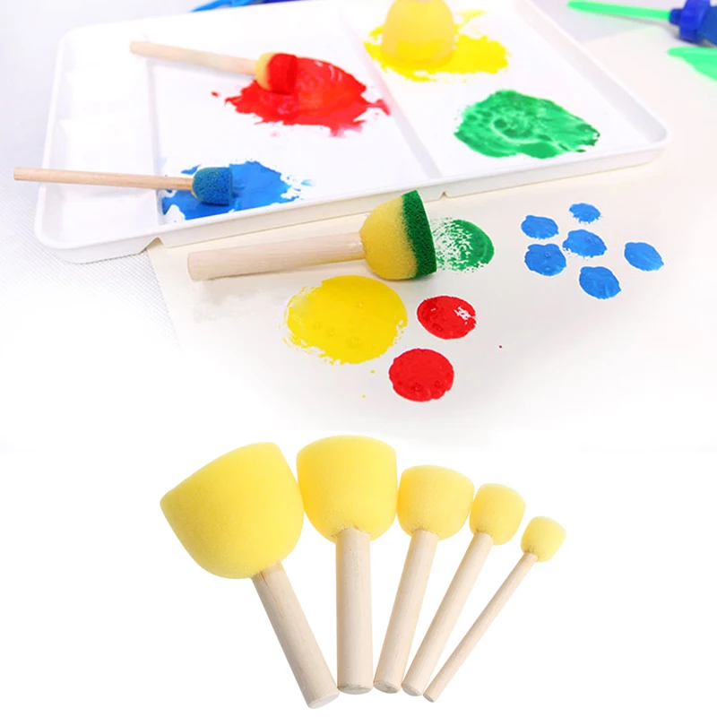 Free Shipping 5 Pcs Round Sponge Brush Tool with Wood Handle Art Graffiti Painting Toy Children