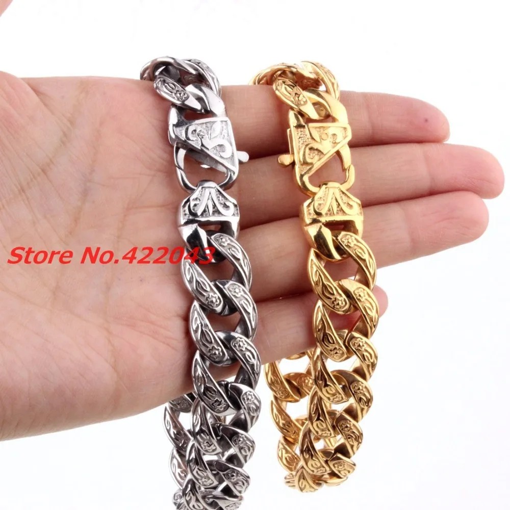 New Fashion Mens Bangles 15mm Solid Gold color  or Silver Stainless Steel Cast Flower Cuban Link Chain Bracelets 9\