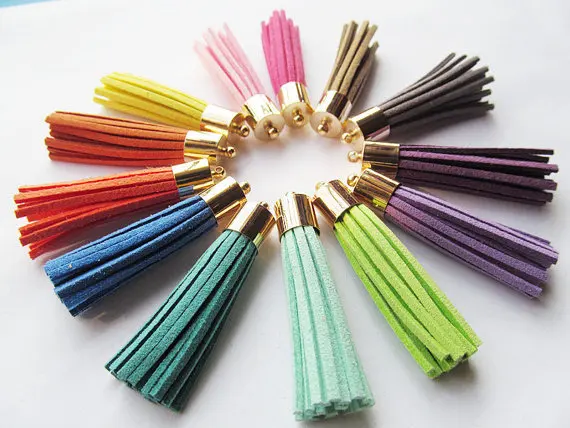 

Free Shipping 100Pcs 56mm Mixed Suede Leather Jewelry Tassel For Key Chains/ Cellphone Charms Top Plated End Caps Cord Tip