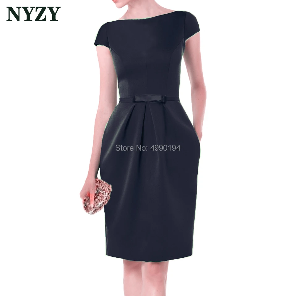 

Vestido Robe Cocktail Dresses 2019 NYZY C155B Elegant Boat Neck Pocket Black Satin Dress for Wedding Party Homecoming Graduation