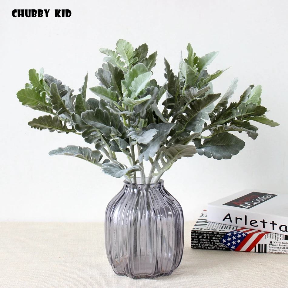 (12pcs) High simulation artificial plants Flocking senecio cineraria Diy Dusty Miller leaves Fake Centaurea cineraria wholesale