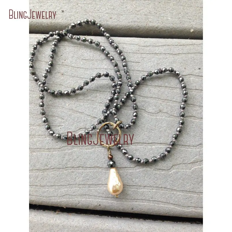 Custom Necklace Boho Large Pearl Tear Drop On Faceted Hematite Hand Knotted Beads  NM21485