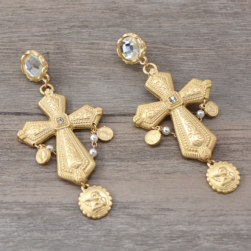 Gold Color Long Drop Big Cross Earring Vintage Pendant Dangle Earrings for Women Fashion Rhinestone Retro Jewelry