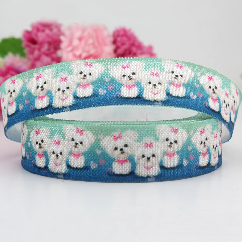 

Cute 16mm cartoon dog printed fold over elastic foe ribbon 10 yards diy 5/8" stretch animals handmade baby hair band ribbons