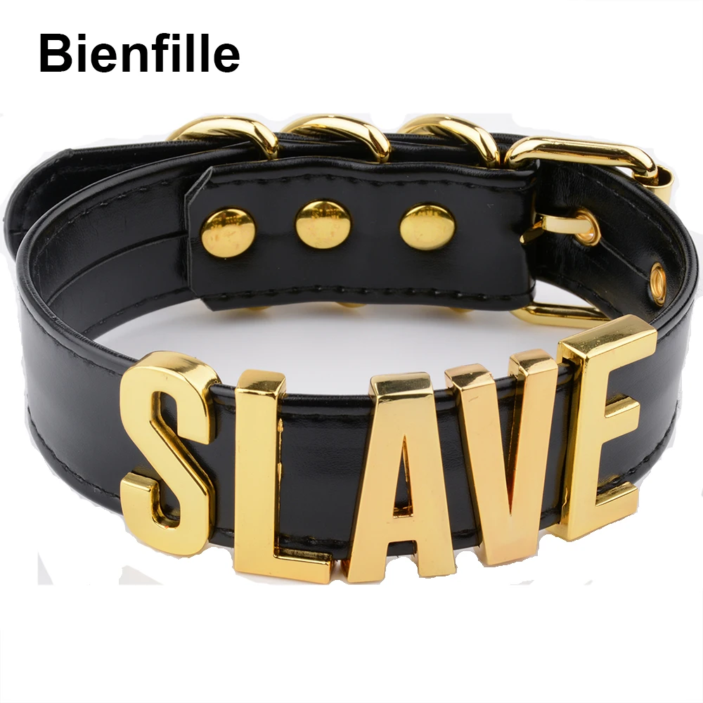 Fashion Gold Men Necklace Women Girl  Slave Name Word  Collar Buckle Necklace Black PU Leather Kawaii Jewelry