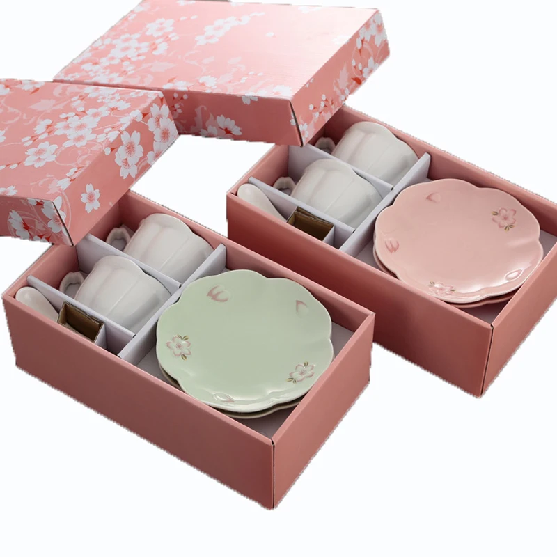 Ceramic Mug Tea Cup Plate Spoon Set Coffee Cups Tumbler Sakura Shape Afternoon Tea Cups Set Petal Coffee Cups Drinkware 6pcs/set