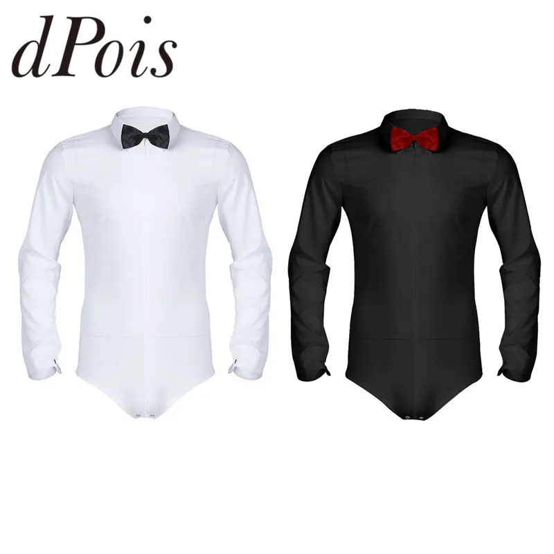 Men Zipper Professional Latin Dance Shirt with Bowtie One-piece Romper Shirt Mens Long Sleeve Stage Ballroom Dance Wear Bodysuit