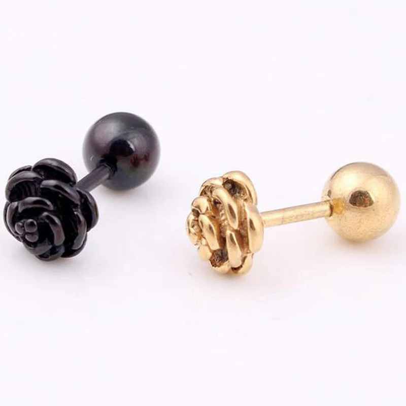 2 pieces Punk  Stainless Steel Stud Earring Girl Flower stud earing Rose Flower Earring Body Piercing Jewelry Black