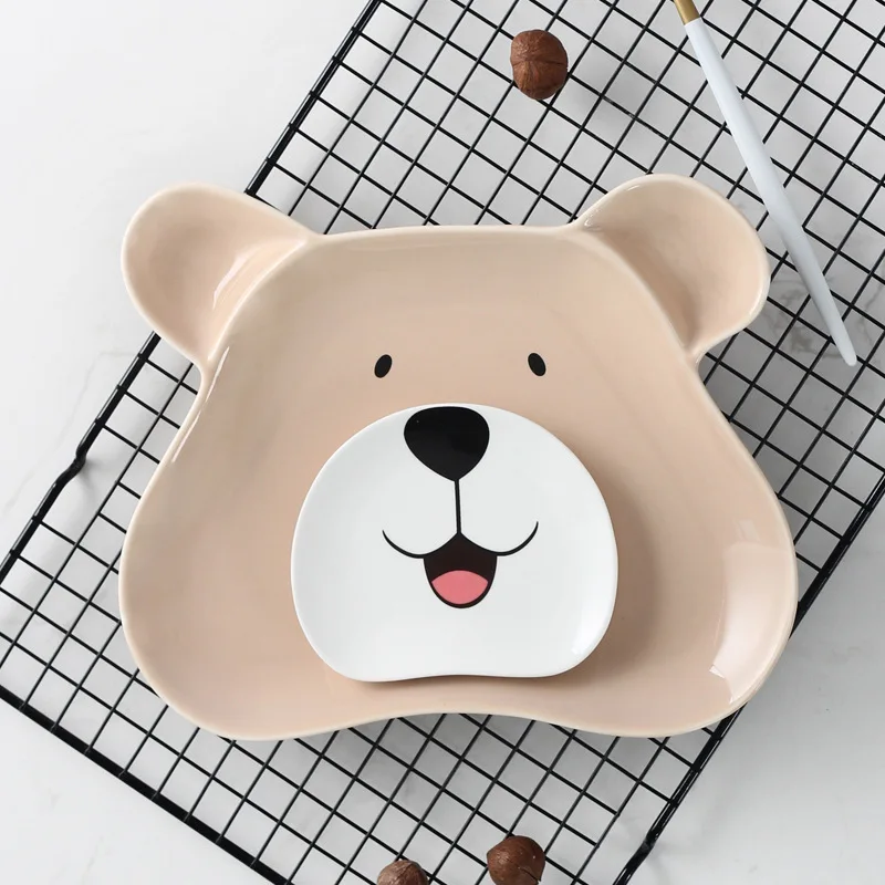 Plates Set Dinner Dish Ceramic Tray Sauce Dish Bear Shape Flat Plate Cartoon Porcelain Sushi Plates Creative Salad Tray 2pcs/set