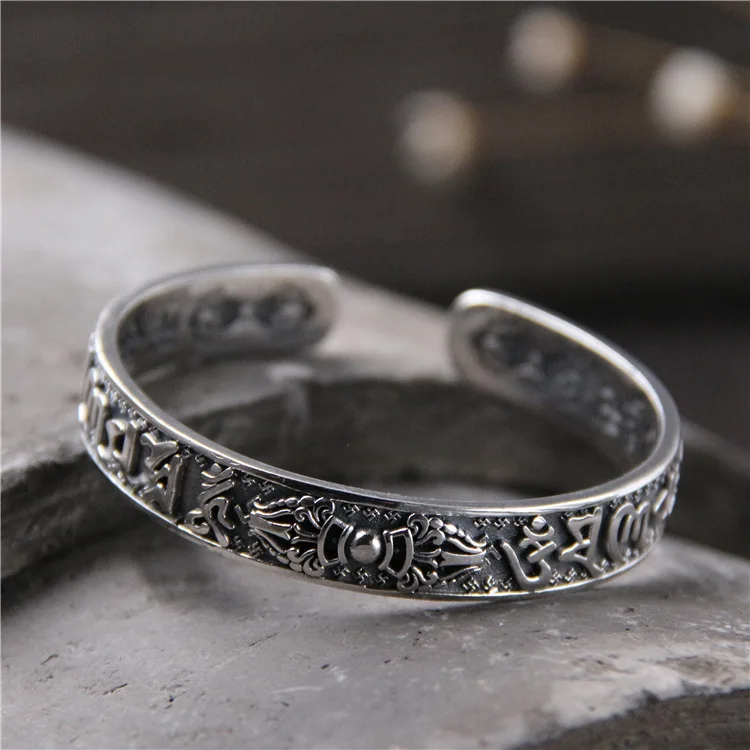 

Retro Thai Silver Open Ended Fashion Men And Women S925 Sterling Silver Embossed Six Words Scripture Pestle Bangle