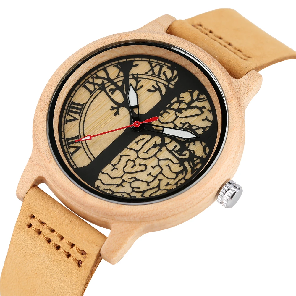 Women\'s Brown Leather Strap Wristwatch Quartz Wooden Watch Unique Maple Life Tree Patterns Dial Wooden Watch