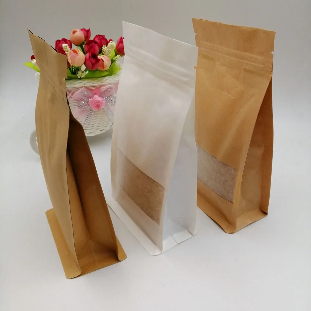 White/Brown Kraft Paper Bag For Gifts Christmas Food Tea Candy Zip Lock Kraft Paper Bag With Window Stand Pouch With Zipper Bags