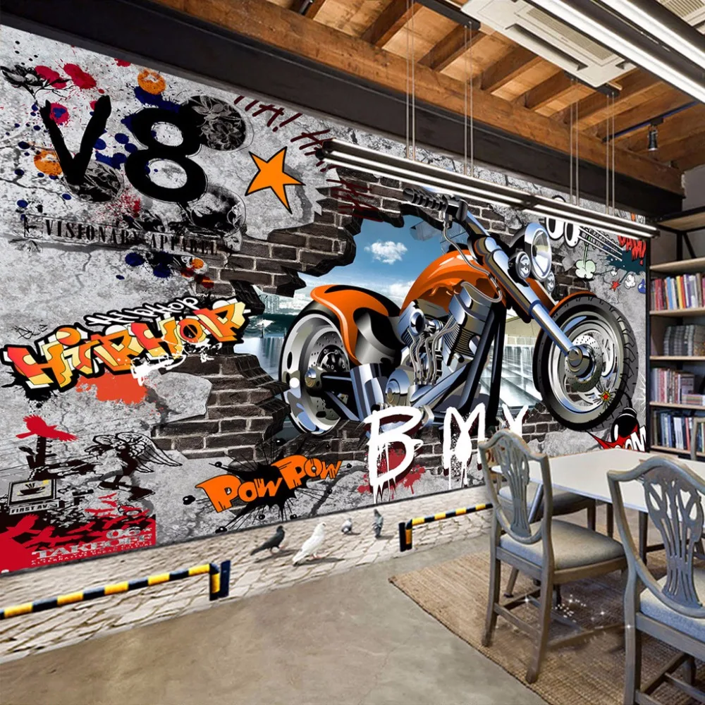 High Quality Custom Wall Murals Wallpaper Motorcycle Street Art Graffiti Mural Wall Decorations Living Room Modern Wall Painting