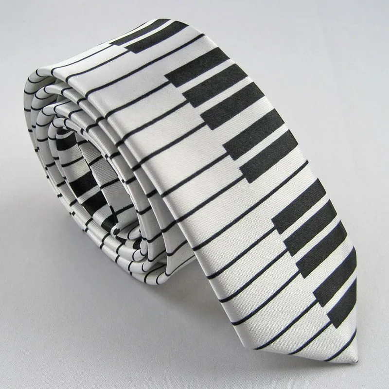 KLV Men\'s Black & White Piano Keyboard Necktie Tie Classic Slim Skinny Music Tie