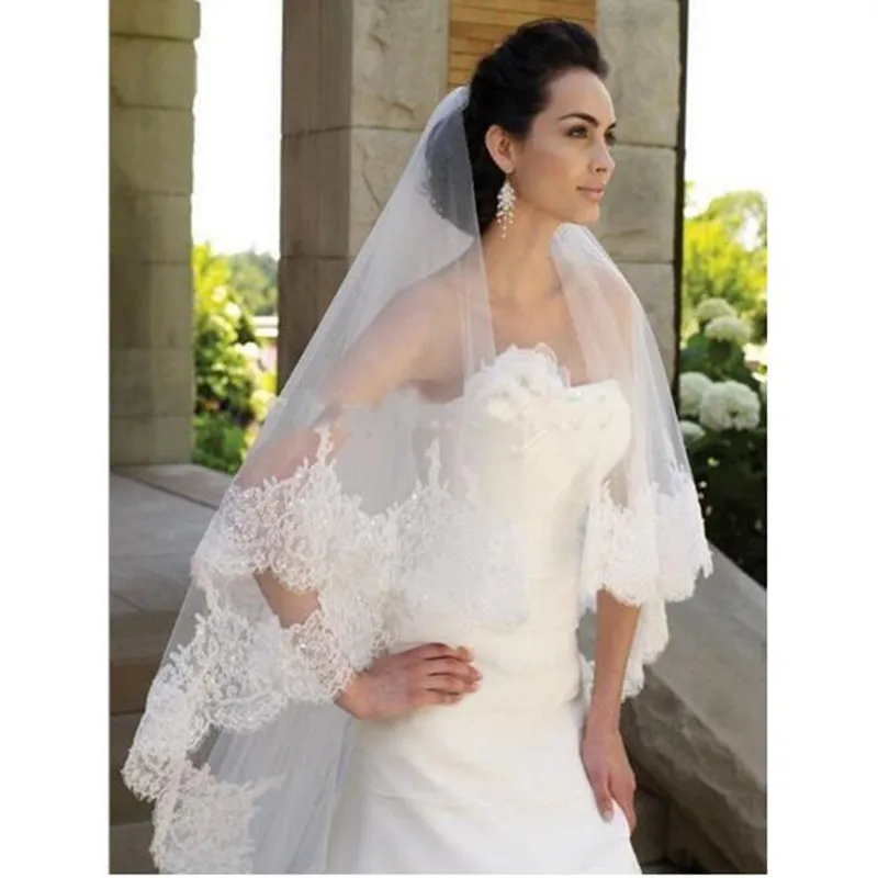 Nuovo Arriva Veli Da Sposa 3M Uno Strato Bianco Avorio di Applique Del Merletto Paillettes Bordo Cattedrale Lunghezza Pettine Libero Su ordine velo da sposa