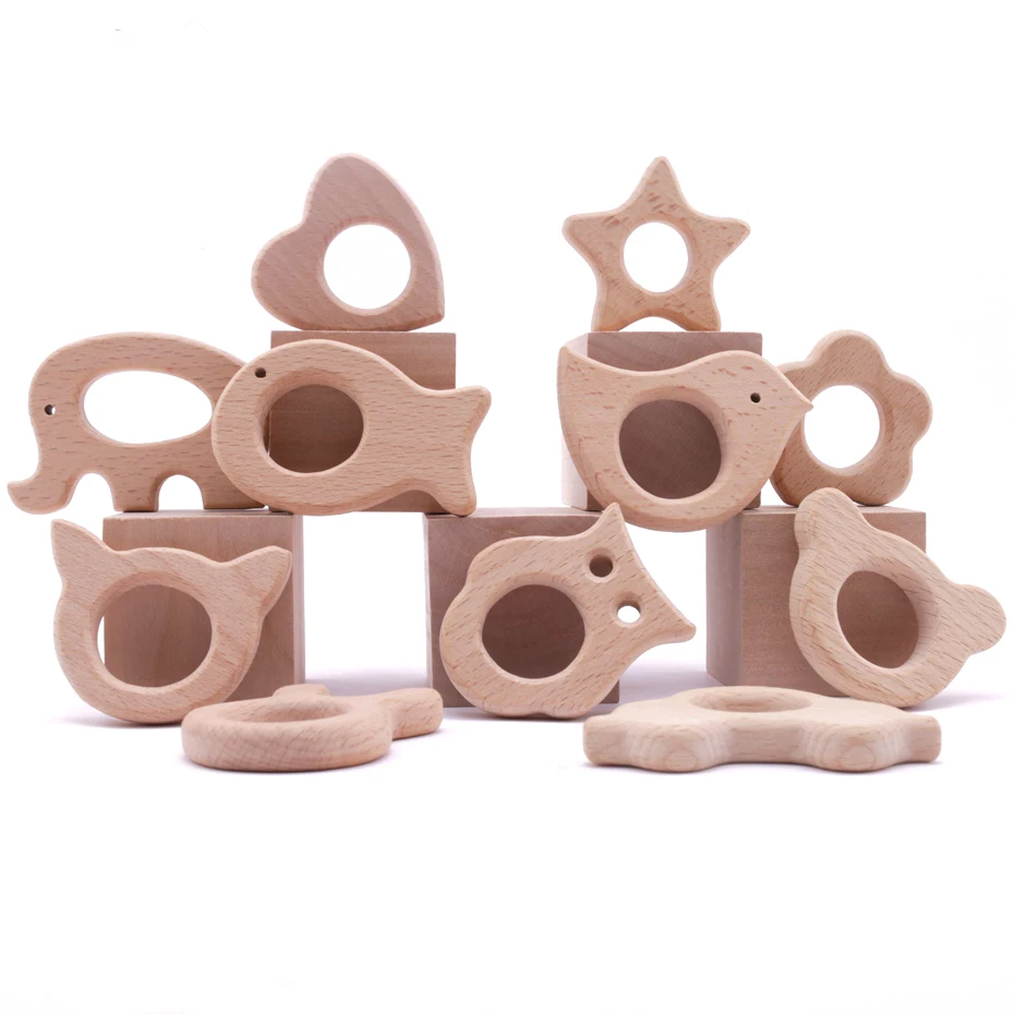 10pc Wooden Teether Animals Beech Teething Grasping Wooden Animal Toy Rodent Baby Teether Pendant DIY  Pacifier Chain Kids Goods