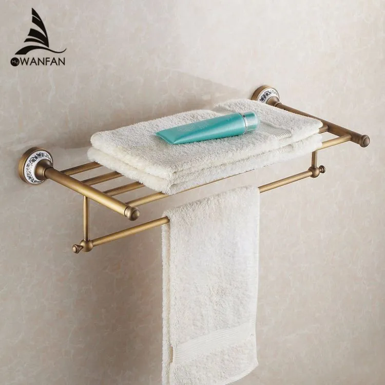 Bathroom Shelves Antique Brass With Ceramic Towel Rod Towel Rack Hangers Bar Bathroom Accessories Luxury Bath Wall Shelf HJ-1812