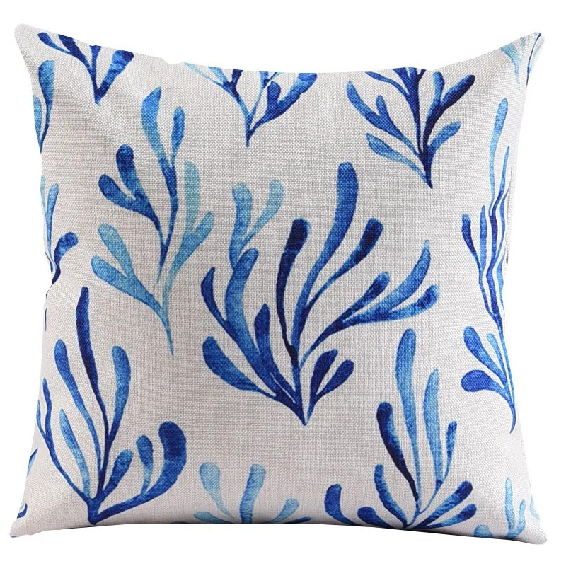 Mediterranean Watercolor Blue Christmas Pillow Cover Geometric Linen Cushon Cover Sofa Home Decorative Throw Pillows