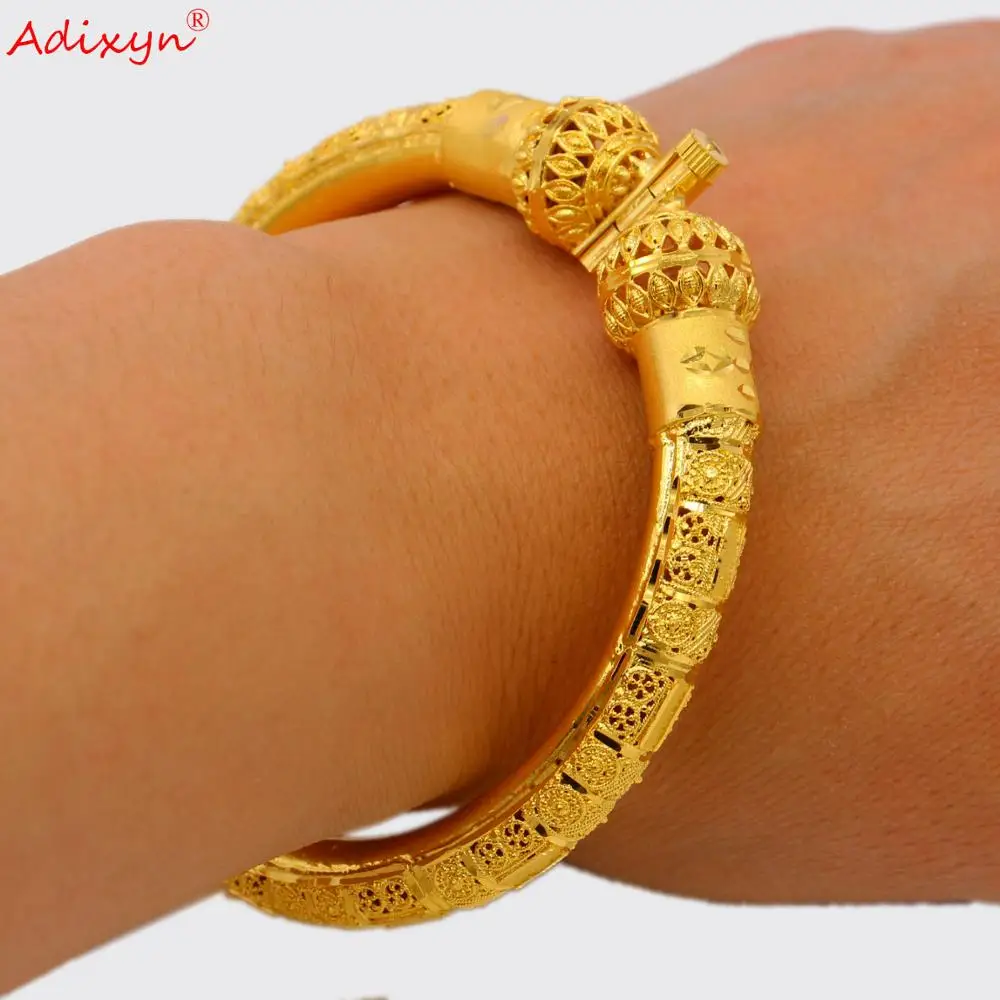 Adixyn New India Bangle For Women/Men 24k Gold Color/Copper Fashion Jewelry Can Open Diameter 64mm Wide 10mm