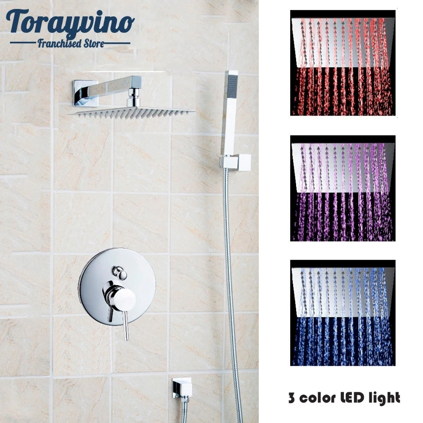 

Torayvino Bathroom In Wall Mounted Shower Set With 8"LED Rain Shower Head Polished Chrome Hand Shower Set.