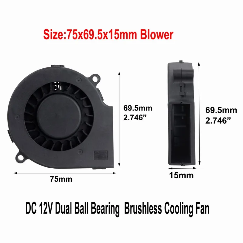 

20 Pcs Gdstime Two Ball Blower Fan 75mm x 15mm 7515 DC 12V 2 Pin Brushless Turbo Centrifugal Cooling Fan 12 Volt PC Cooler