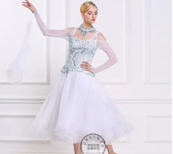 

customize white blue Rhinestone ballroom dresses woman waltz ballroom dresses ladies ballroom dresses latin waltz dance dress