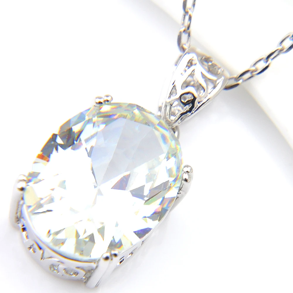 Luckyshine Oval White Crystal Cubic Zirconia Silver Wedding Dangle Pendant Russia USA Australia Pendant With Chain 10*12mm