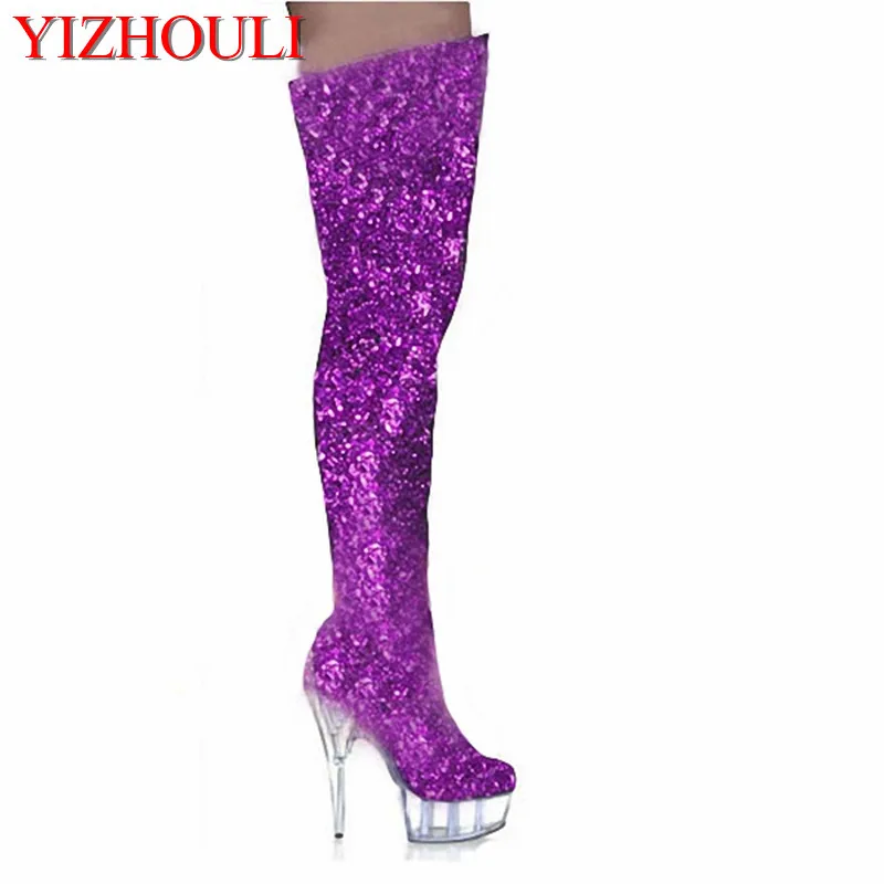 Big size 34-46, Glitter PU Leather Knee High Boots Women Crystle High Heels Platform Over The Knee Boots Night Dance Shoe