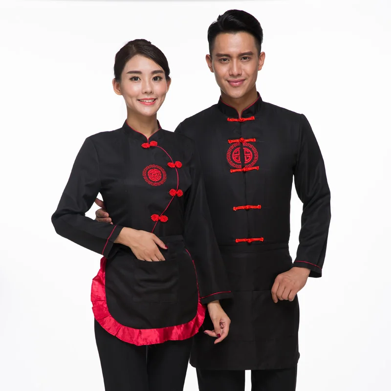 Free Shipping Tea House Long Sleeve Work Uniforms Chinese Traditional Costumes Hotpot Waiter Tang Uniform Shirt+Apron Set Sales