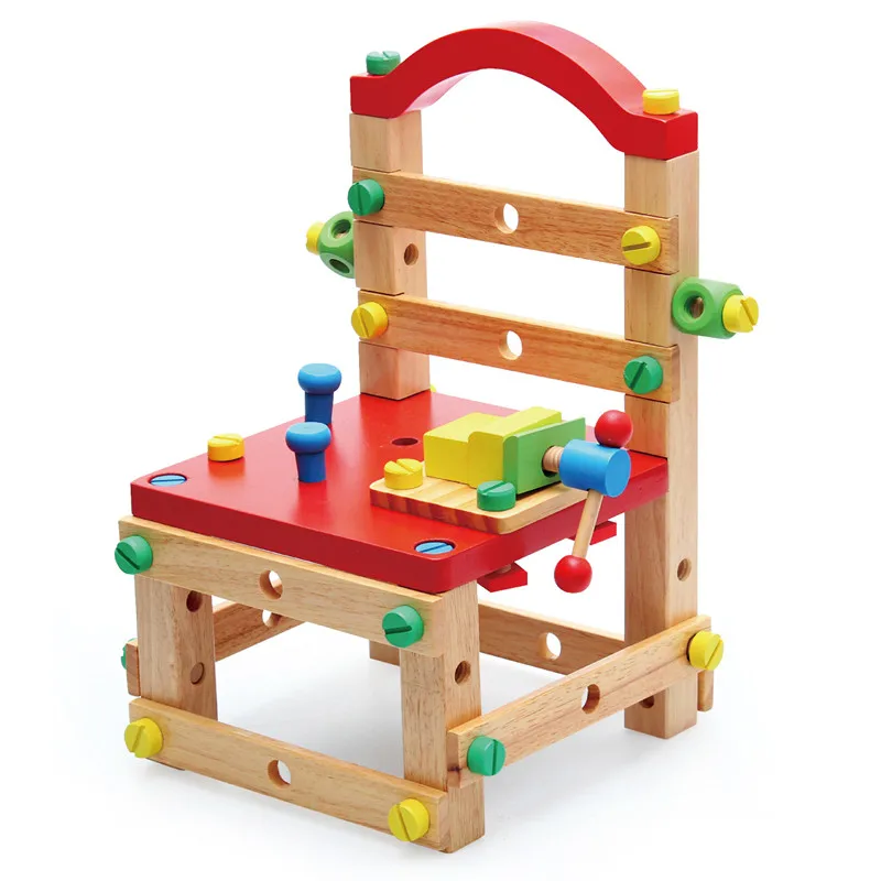 DIY Wood-assembled Block Nut Dismounting Creative Children Building-block Chair Parent-child Interactive Educational Toy Gift