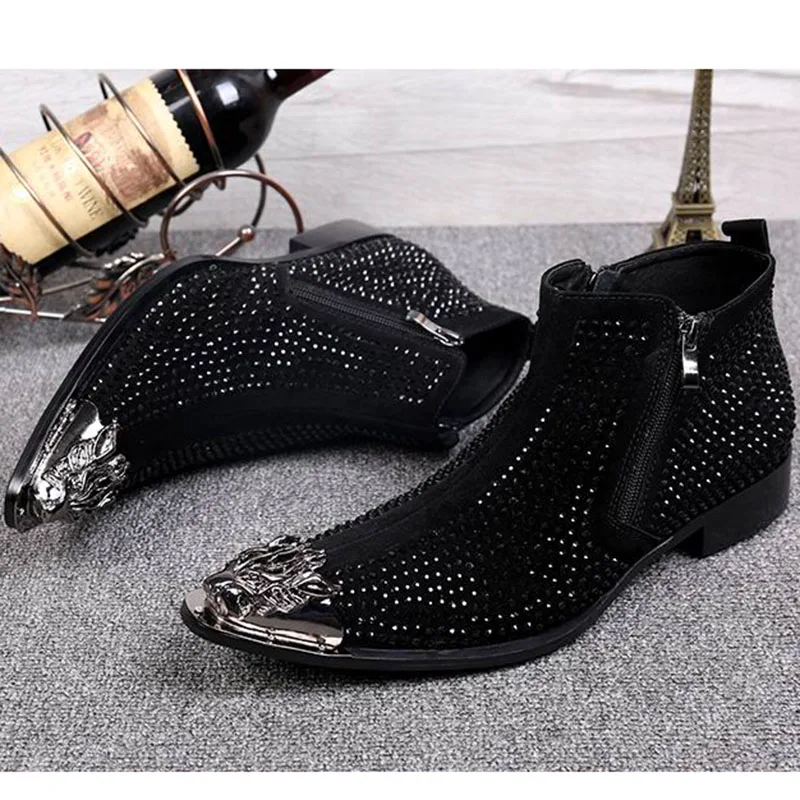 Batzuzhi Men's Black Ankle Boot Designer Luxury Fashion Rhinestone Metal Pointed Toe High Suede Leather Shoes Zip Black/Red Boot