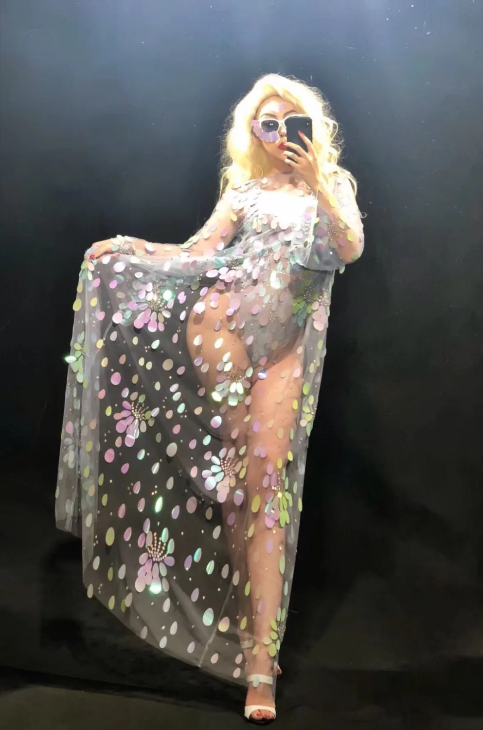 Women New Sexy Bodysuit Long Sleeve Cloak Set Sparkling Colorful Sequins Nightclub Party Dancer Stage Wear Costumes Set