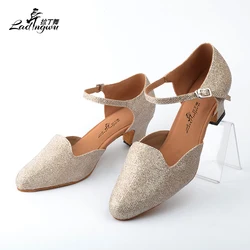 Ladingwu Golden Flash Cloth Women's Salsa Dance Shoes Closed Toe Soft Bottom Latin Ballroom Square Dance Shoes Heel 5/6/8.3cm