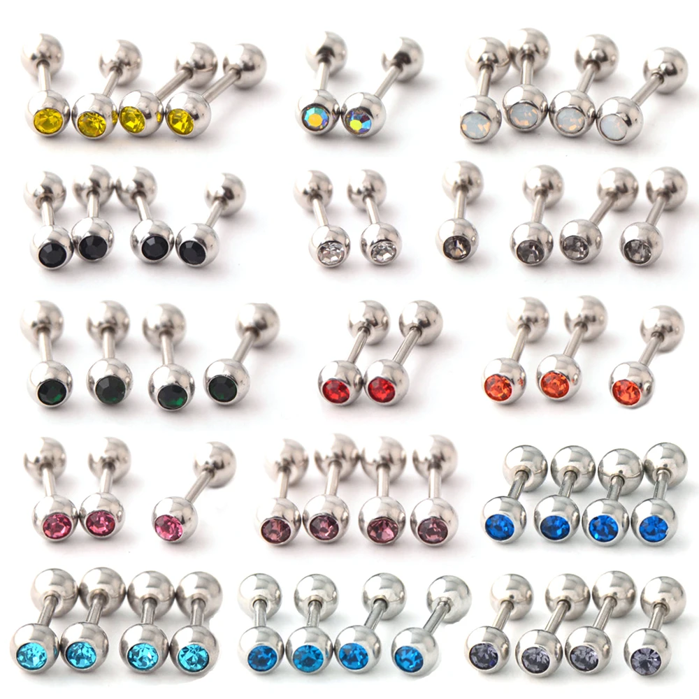 Alisouy 2Pcs Surgical Steel ball Round Crystal Cartilage Helix Barbell Bar Ear Stud Piercing 18G Earring Body Piercings Jewelry