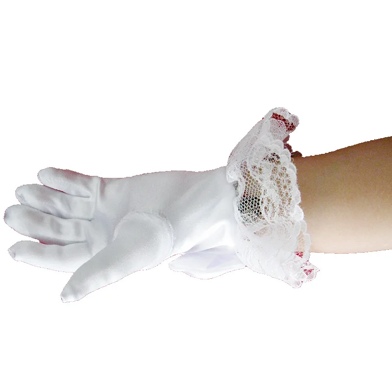 Lovely Elastic Girl Etiquette Performance Lace Wrist Gloves Satin Flower Lace Bow Gloves Short Children Princess Dance Glove B98