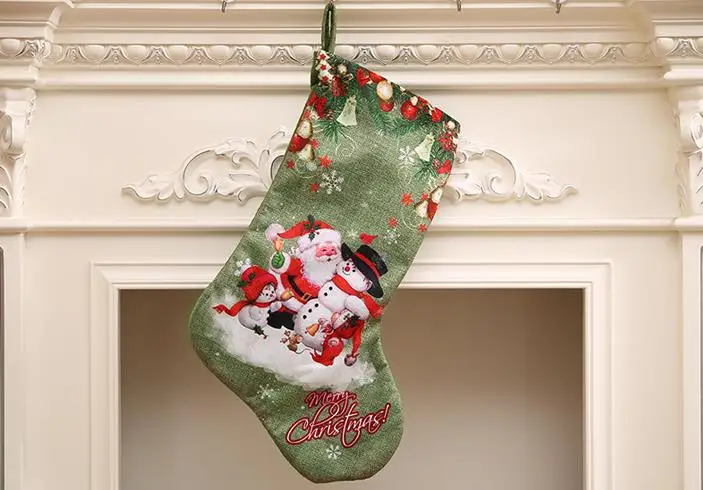 Christmas Party Large Stockings Deer Snowman Santa Claus Print Gift Bags Holders Xmas Long Socks present favor apple wrap