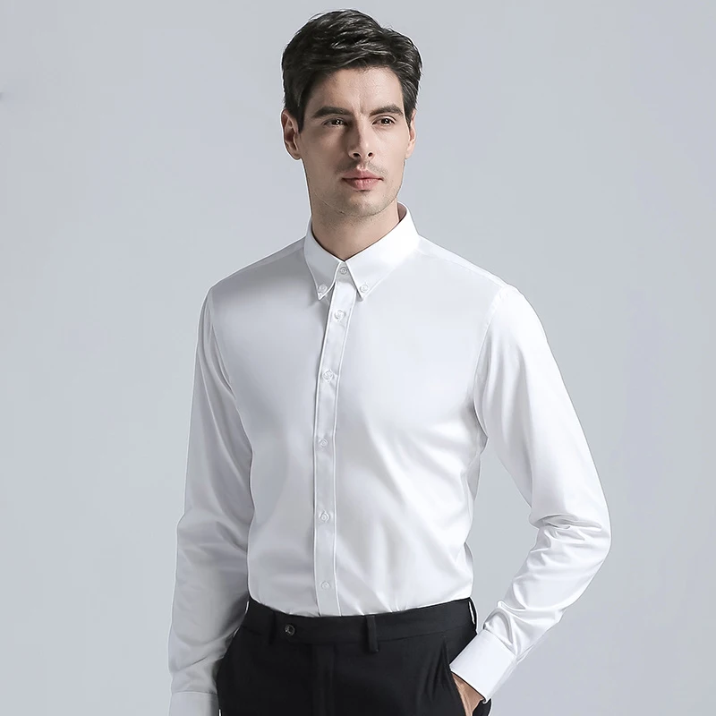 

High Quality Men's Shirts Formal Buckle collar Cotton Blend Shirts Classic Solid Color Long Sleeve Business Suits Shirts White