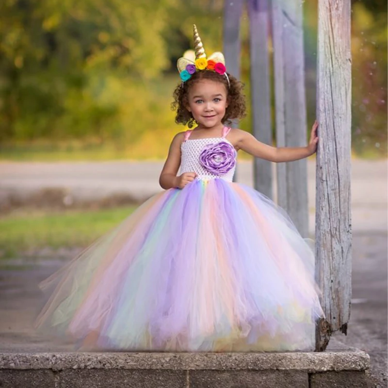 Cute Girls Unicorn Flower Dress Kids Pastel Tutu Dress Crochet Tulle Dresses with Hairbow Ball Gown Children Party Costume Dress