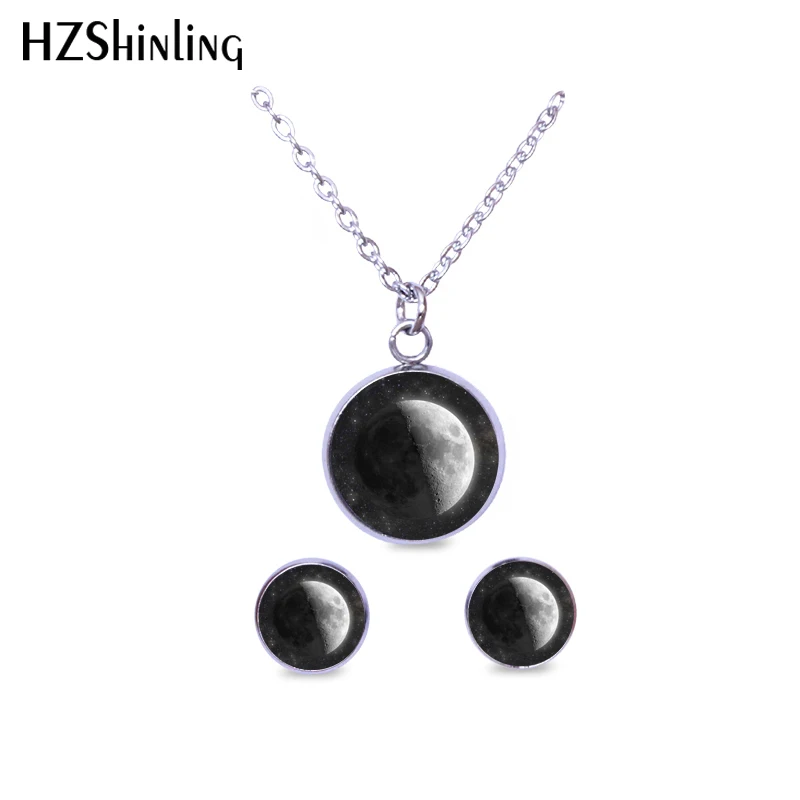 9 styles Stainless Steel Glow in the Dark Lunar Phase Statement Pendant Full Moon Bib Necklace Galaxy Jewelry set Outer Space