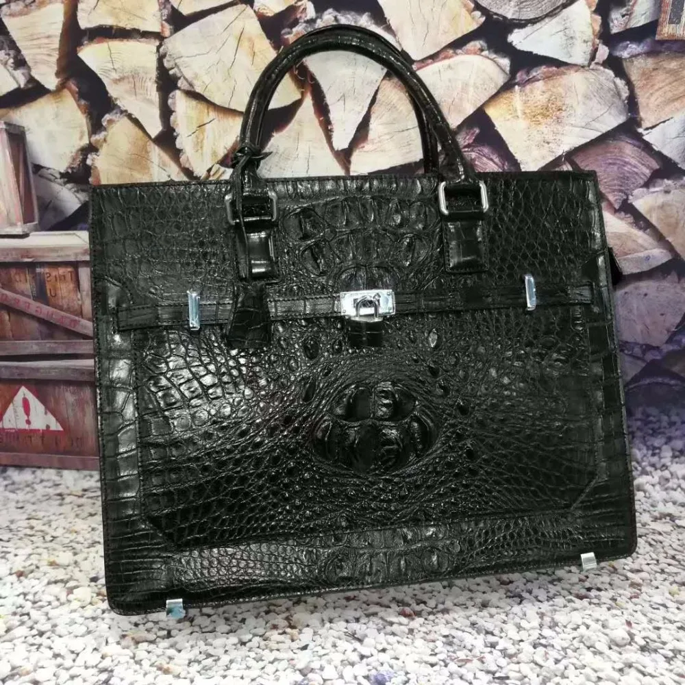 

luxury 100% genuine real crocodile leather head skin men business bag young men laptop bag briefcase with front locker and key