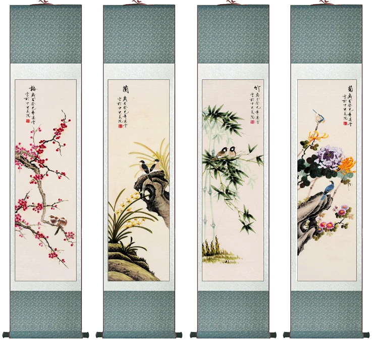 

4pc/lot flower painting silk scroll painting traditional flower painting Chinese flower picture In wash painting