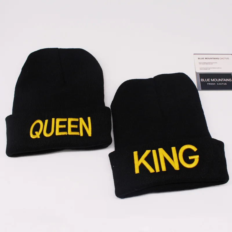 HUE010 Women Winter Cheap Adult letters Embroidery Knitted Hat Autumn Black King Queen Solid Curled Beanies Skullies